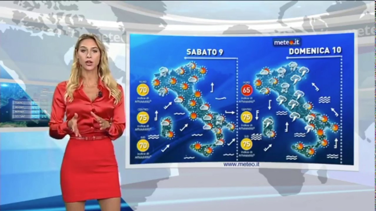 Italian Meteorologist in red satin blouse and red skirt