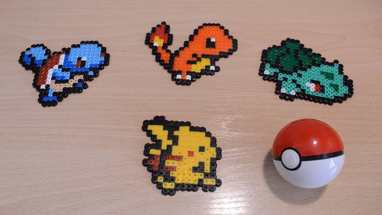 Los 4 pokémon iniciales: Bulbasaur, Charmander, Squirtle y Pikachu con Hama beads