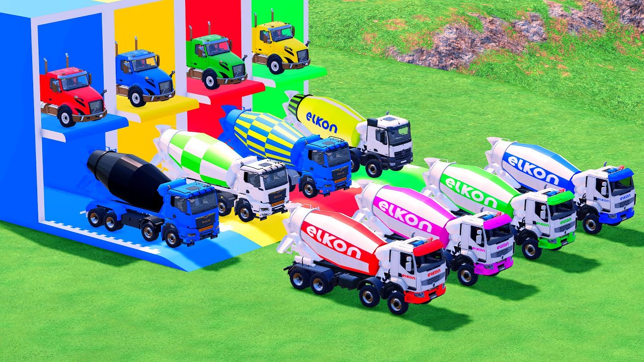 Garage with Colors - ALL MIXER TRUCK WITH DOUBLE FLATBED TRAILER TRUCK, IVECO, RENAULT, SCANIA