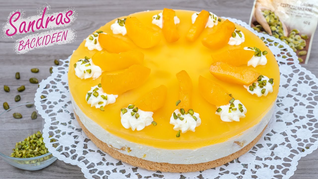 Pfirsich Quark Sahne Torte mit Biskuitboden - einfach und schnell | Rezept f&uuml;r 26 cm Springform
