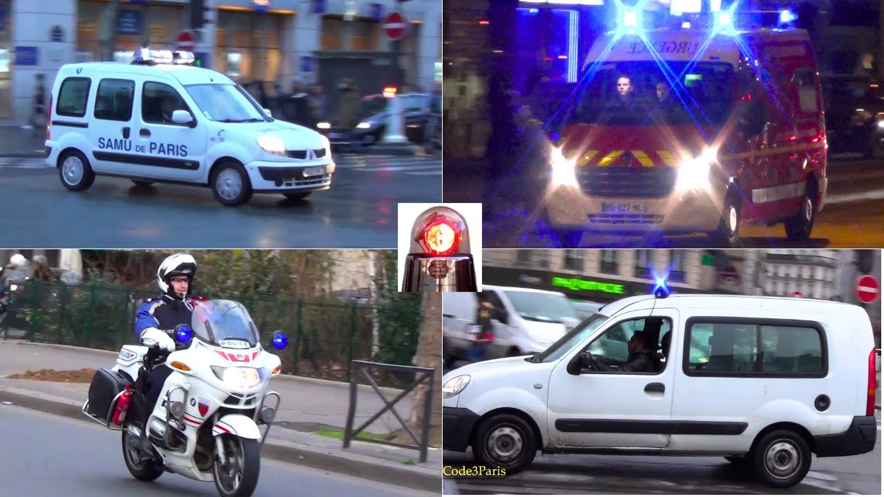 Unmarked Police, Motorcycles, Ambulances Responding in Paris Lights and Sirens