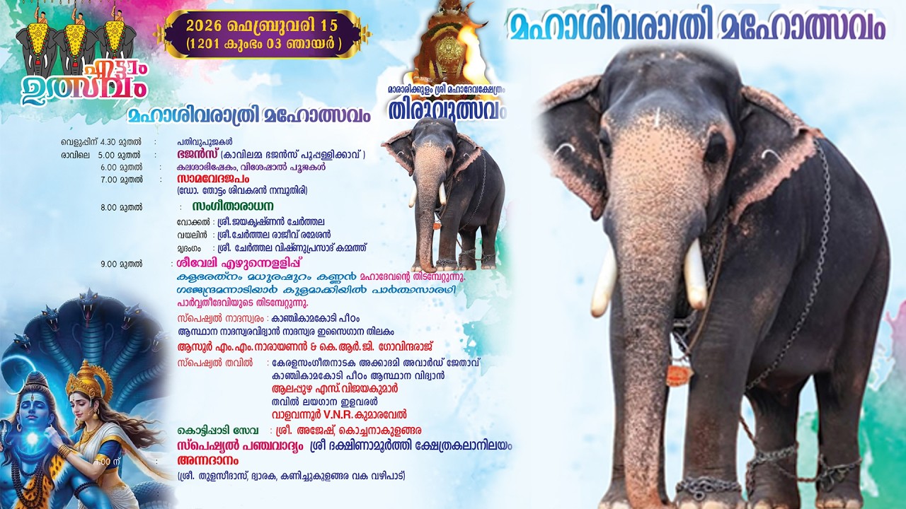 മാരാരിക്കുളം ശ്രീ മഹാദേവക്ഷേത്രം തിരുഉത്സവം 2026  ശിവരാത്രി ദിനം - 01
