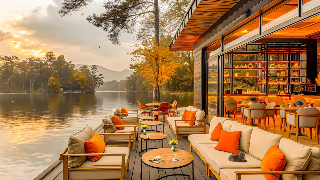 Melodious Jazz Tunes & Cheerful Nature Sounds - Sweet Jazz Harmony In A Lakeside Coffee Shop Space