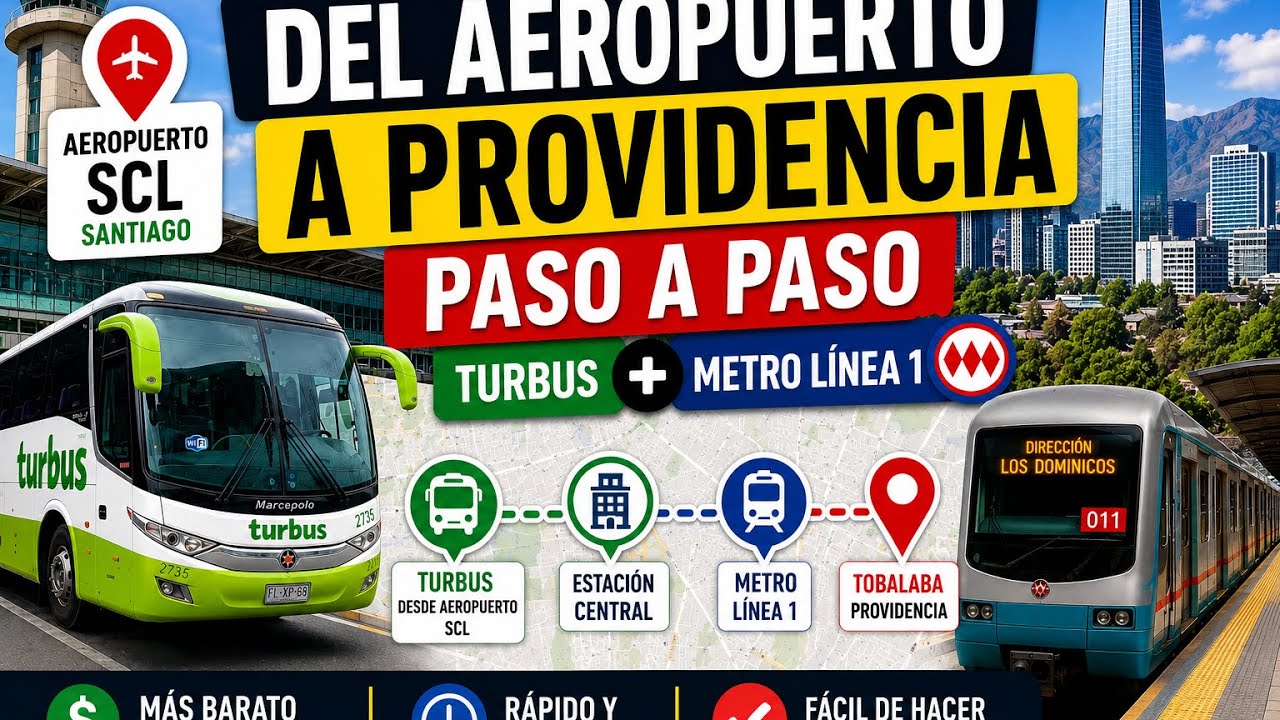 SANTIAGO DE CHILE, como ir del Aeropuerto al Centro, Providencia o Las Condes en bus con TURBUS. 🚌
