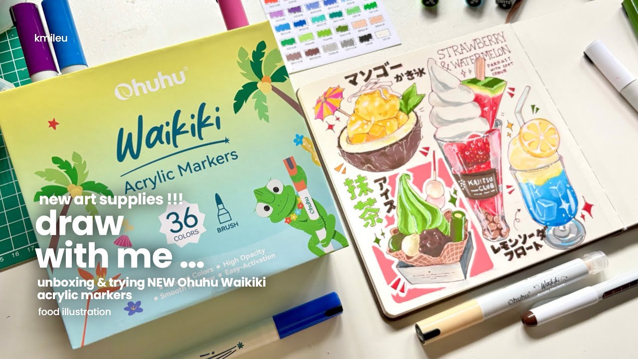 ･˘draw with me &lsquo; unboxing & trying NEW Ohuhu Waikiki acrylic markers | food illustration ˘ ･