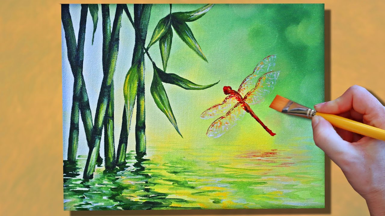Bamboo and Dragonfly | Acrylic Painting for Beginners | Zen Painting