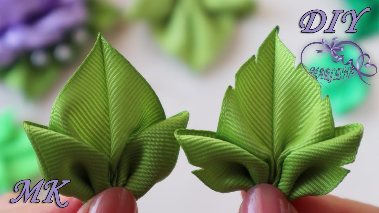 🌿 Зеленые листики для цветов из лент 🌿 Необычные тройные листики из репса