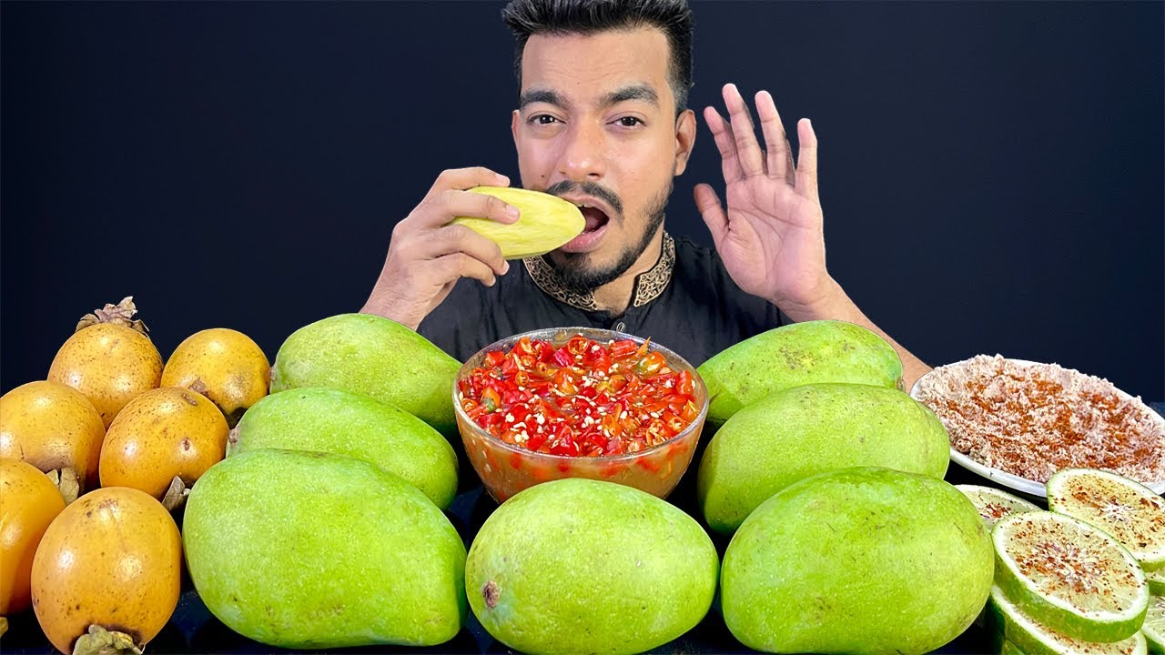 ASMR EXTREME SOUR MANGO WITH SPICY CHILLI SAUCE EATING SHOW | GREEN MANGO,LEMON SOUR FRUITS MUKBANG
