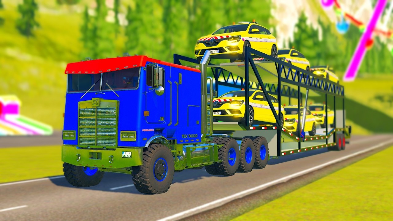 COLORFUL HEAVY TRUCK TRANSPORTING YELLOW POLICE CARS ON BIG TRAILER - Farming Simulator 22