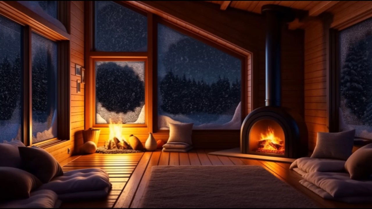 Snowstorm Night in Cozy Cabin | Fireplace & Wind Sounds for Sleep (8 Hours)