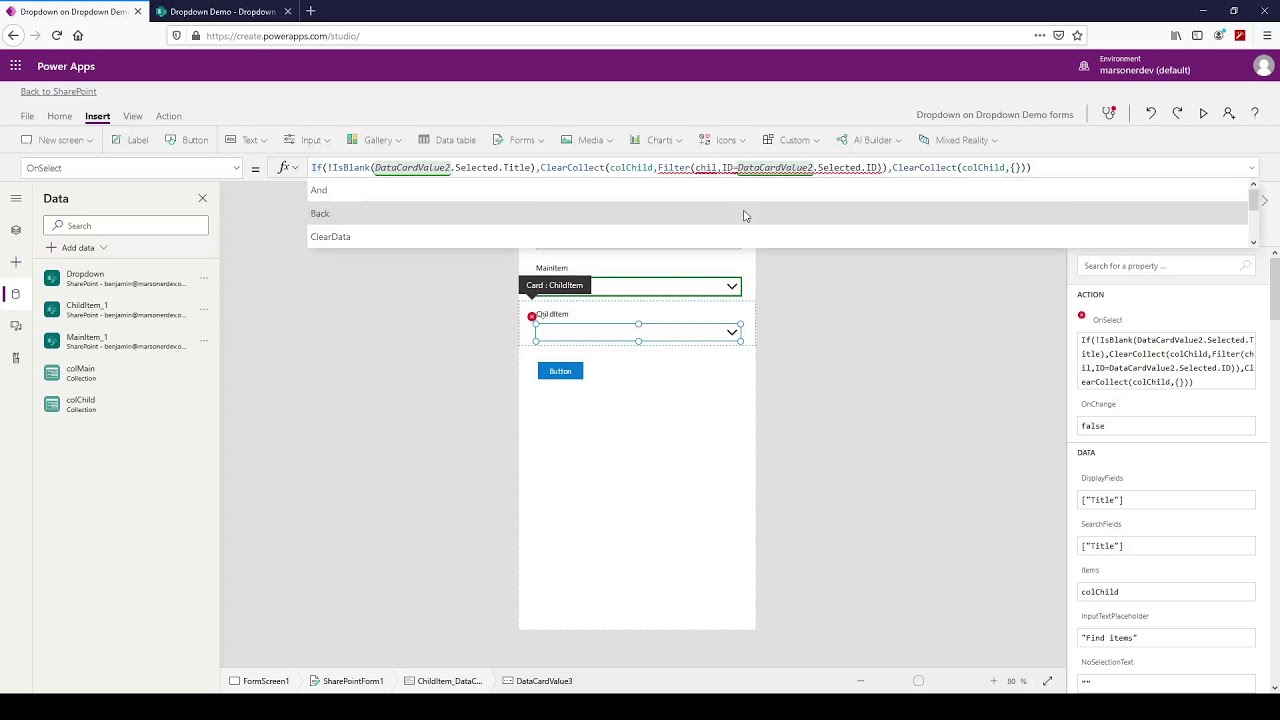 PowerApps   Cascading DropDown Clear ComboBox