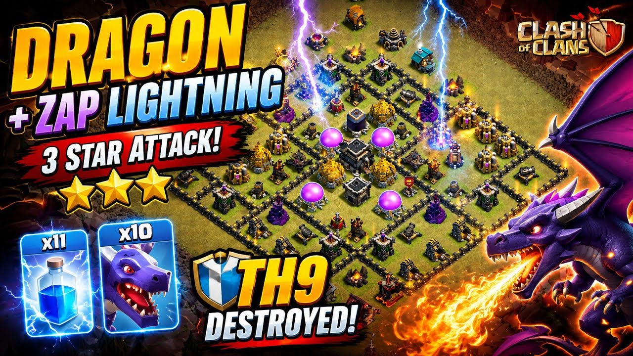 Unstoppable TH9 Zap Dragon Attack Strategy! 💥 | Best TH9 Attack Strategy in Clash of Clans