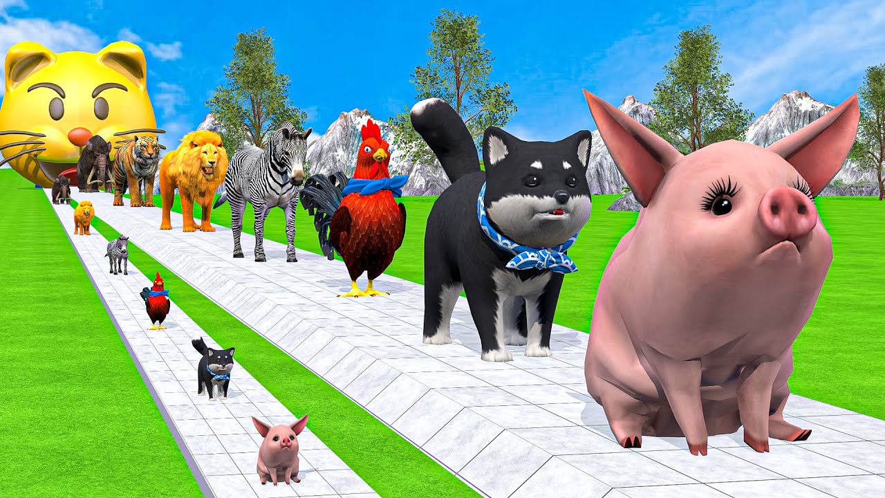 Long Slide Game With Cow Elephant Gorilla Hippopotamus Tiger - 3d Animal Game - Funny 3d Animals