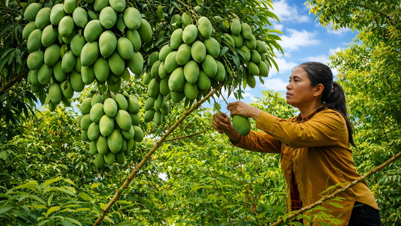 Harvesting mangoes for sale, ingredients for making salad - Cooking a family meal, rural life