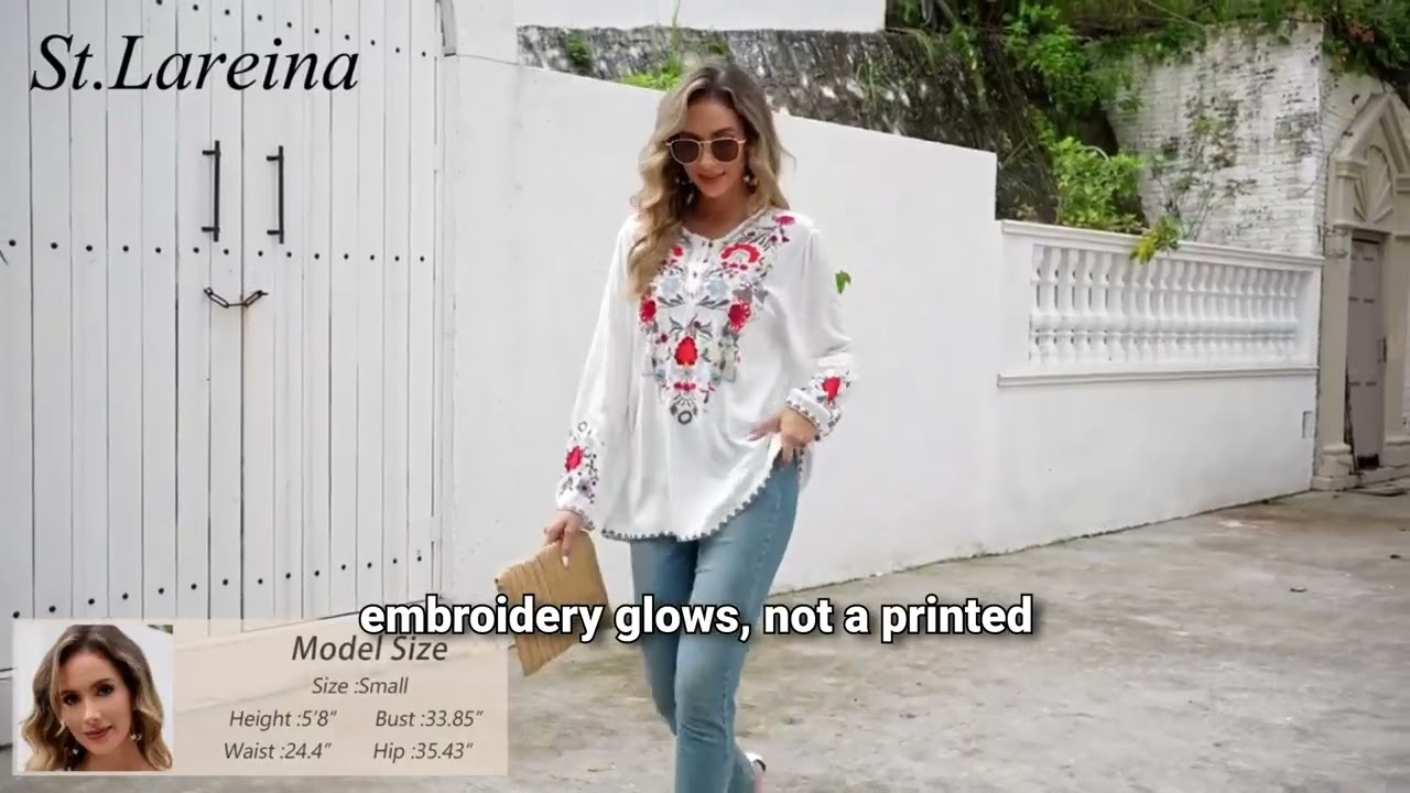 St Lavenia Women Embroidered Tops Fall Shirts Long Sleeve Casual Mexican Blouses Loose Peasant Tune