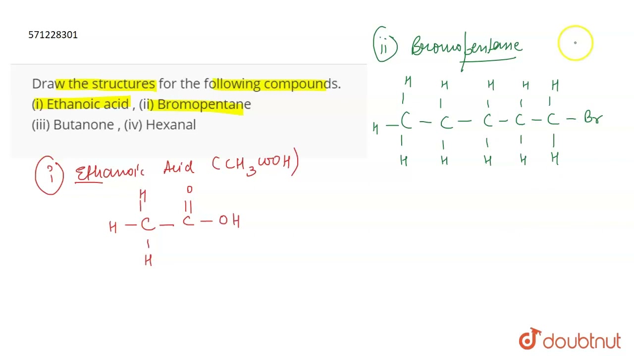 Draw the structures for the following compounds. (i) Ethanoic acid , (ii) Bromopentane (iii) But...