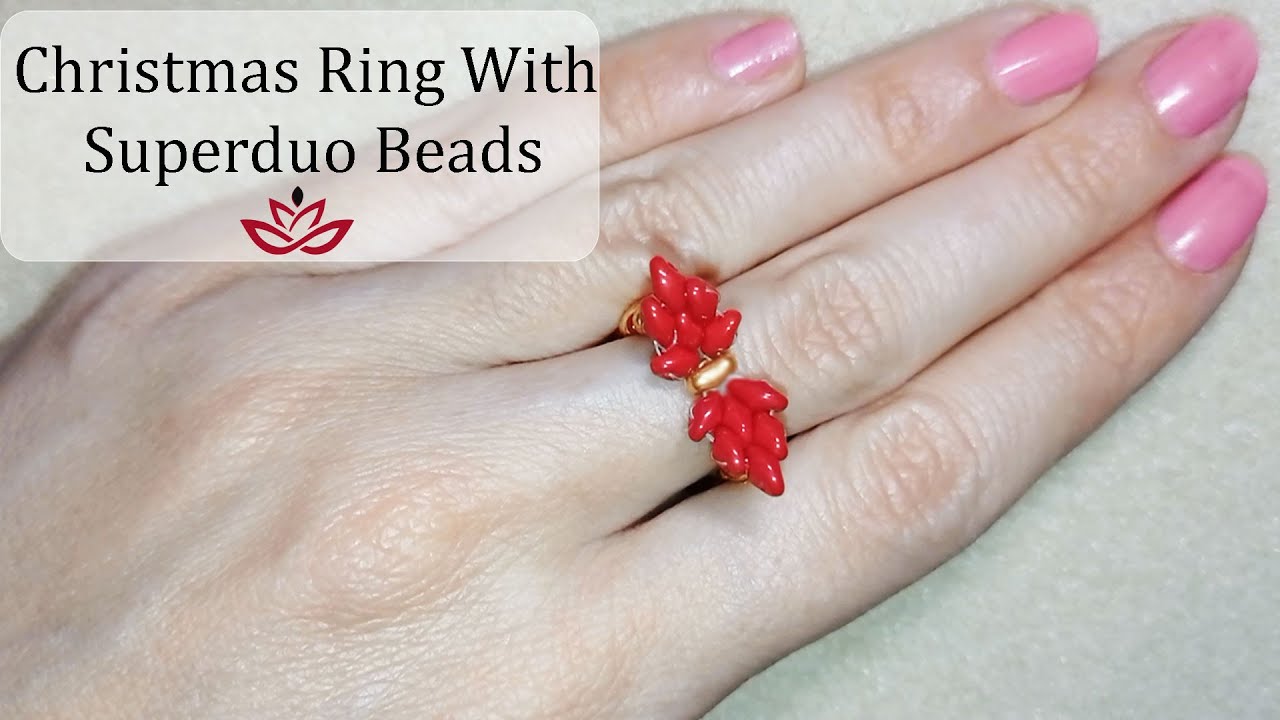 Christmas Ribbon Ring With Superduo Beads - Tutorial || DIY