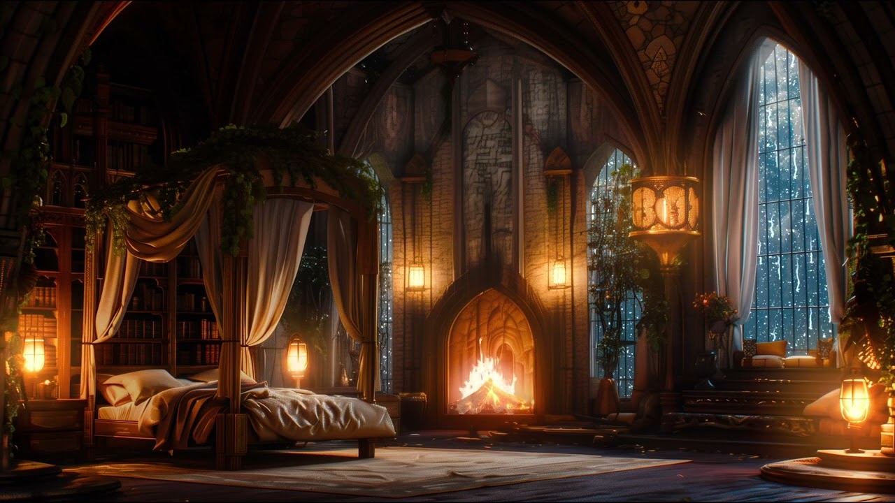 Castle Room Haven with Thunderstorm, Rain & Fireplace Sounds to Sleep Deeply