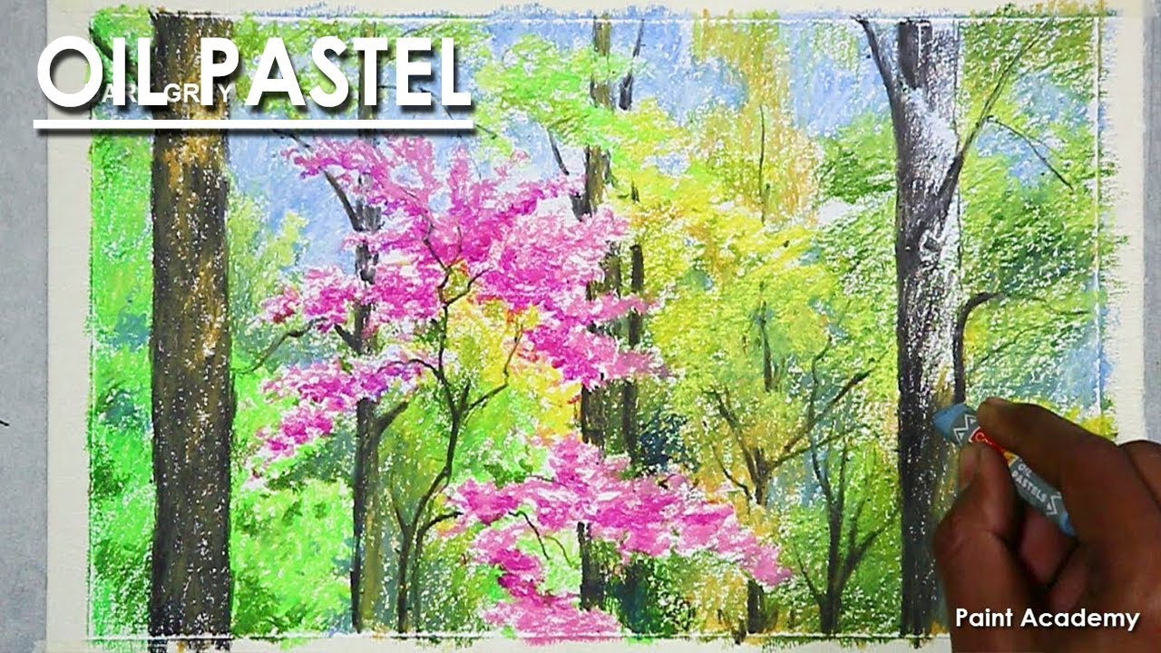 Spring Trees Composition with Oil Pastel step by step