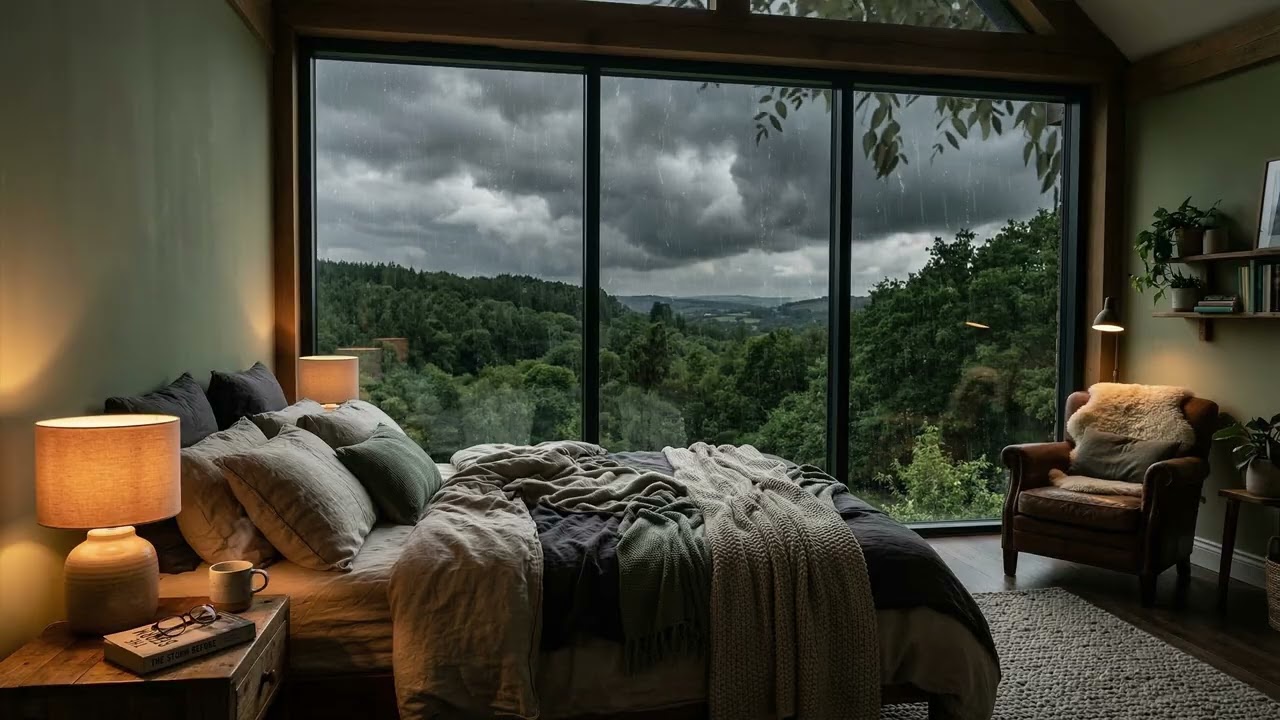 Gentle Forest Rain 🌧️ Drifting Past A Cozy Bedroom Window While Tall Pine Trees 🌲 Fade Into Mist