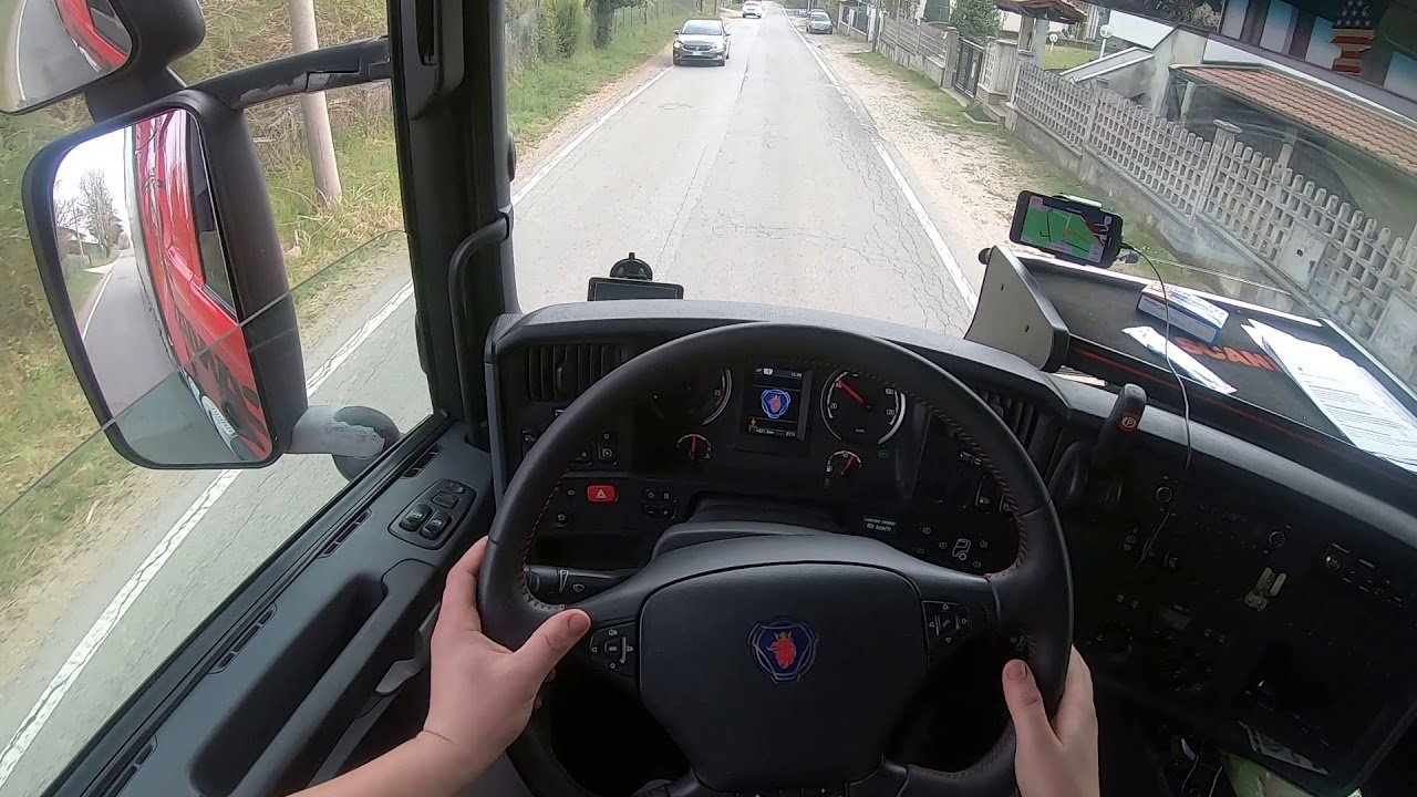 Pov driving Scania R420. Novedrate, Italy