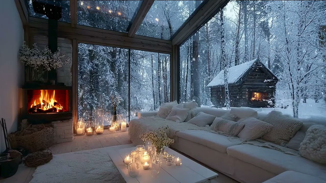 Relaxing Winter Snowfall with Soft Jazz Music on Cozy Cabin Ambience ⛄ Fireplace