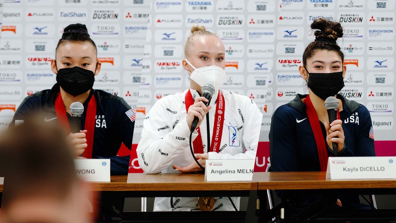 Press Conference 2021 Worlds All-Around Final -  Angelina Melnikova, Leanne Wong, Kayla DiCello