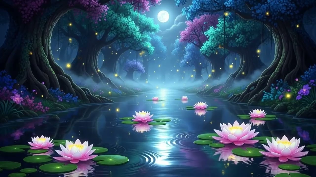 Moonlit Lotus Lake 🌸  Peaceful Night Forest Ambience with Water Sounds & Fireflies for Deep Relaxat