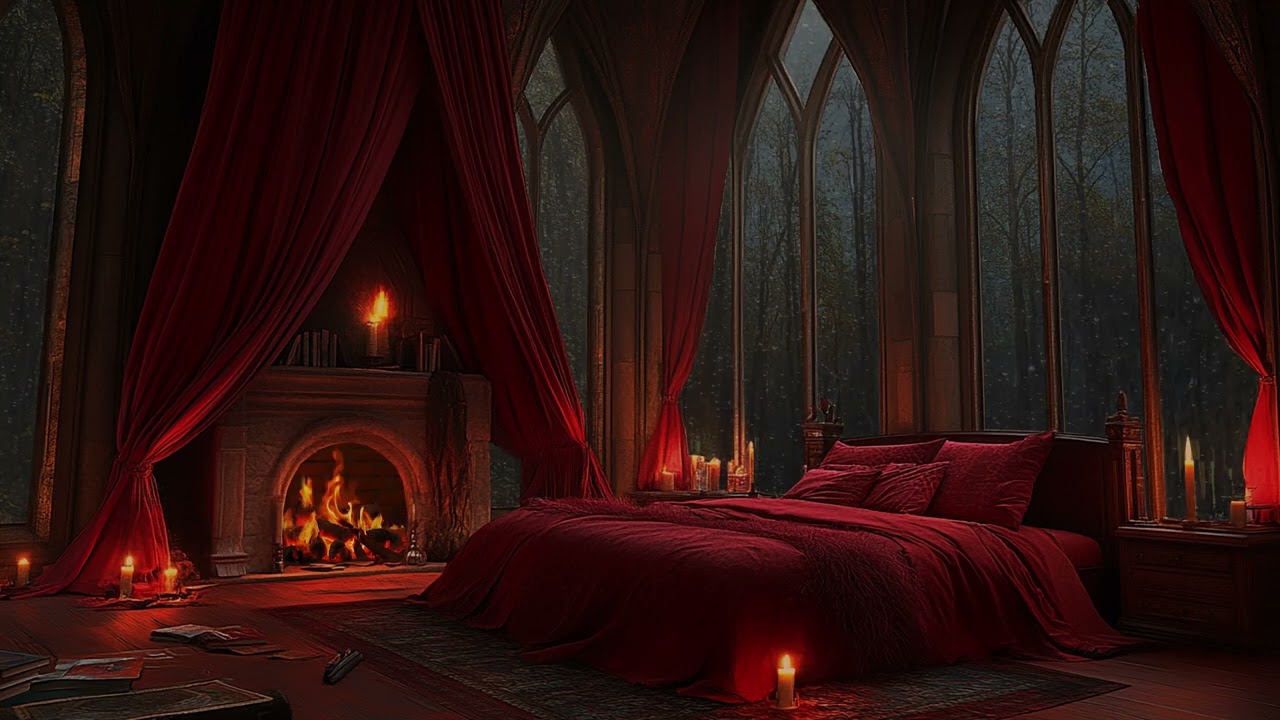 Cozy Fireplace & Stormy Rain in Castle Room | Sleep Ambience for Restful, Peaceful Nights