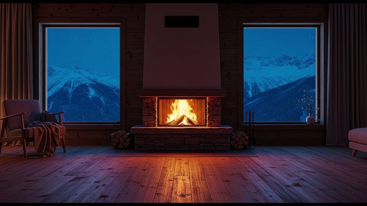 4 Hours Cozy Cabin Fireplace 🔥 Snowy Mountain View Outside (4K Relaxing Ambience)