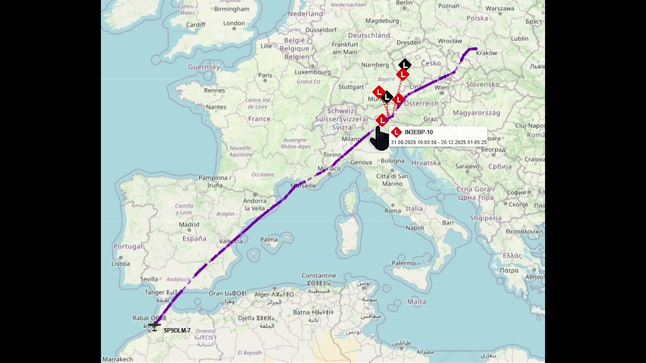 APRS LORA - Flight from Katowice in Poland to Agadir in Morocco