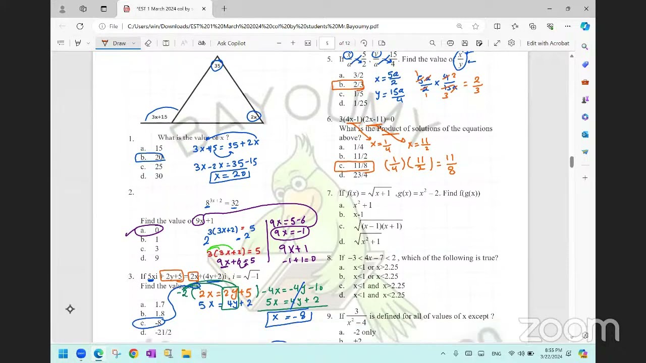 FREEE   Math EST1 March 2024 collected by students Mr.Bayoumy Q no 10 should be 14 box not 13 Omar
