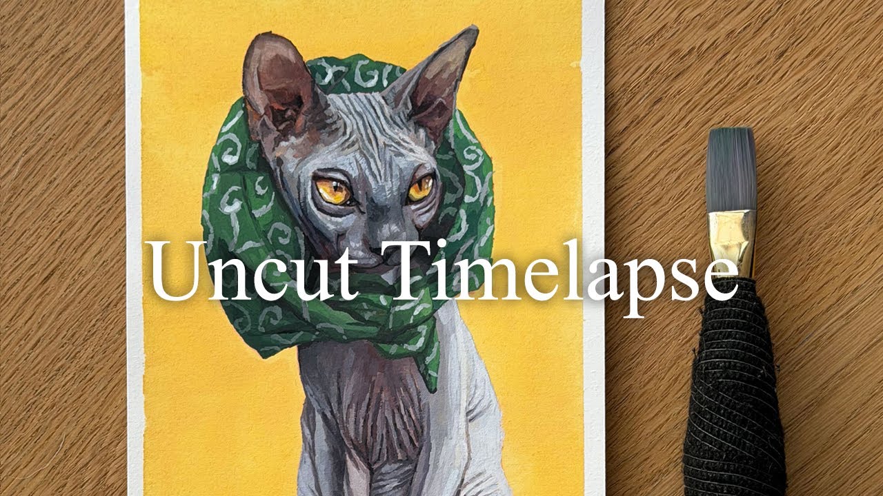 Painting my Sphynx cat Jeju with furoshiki in gouache, Unedited Timelapse