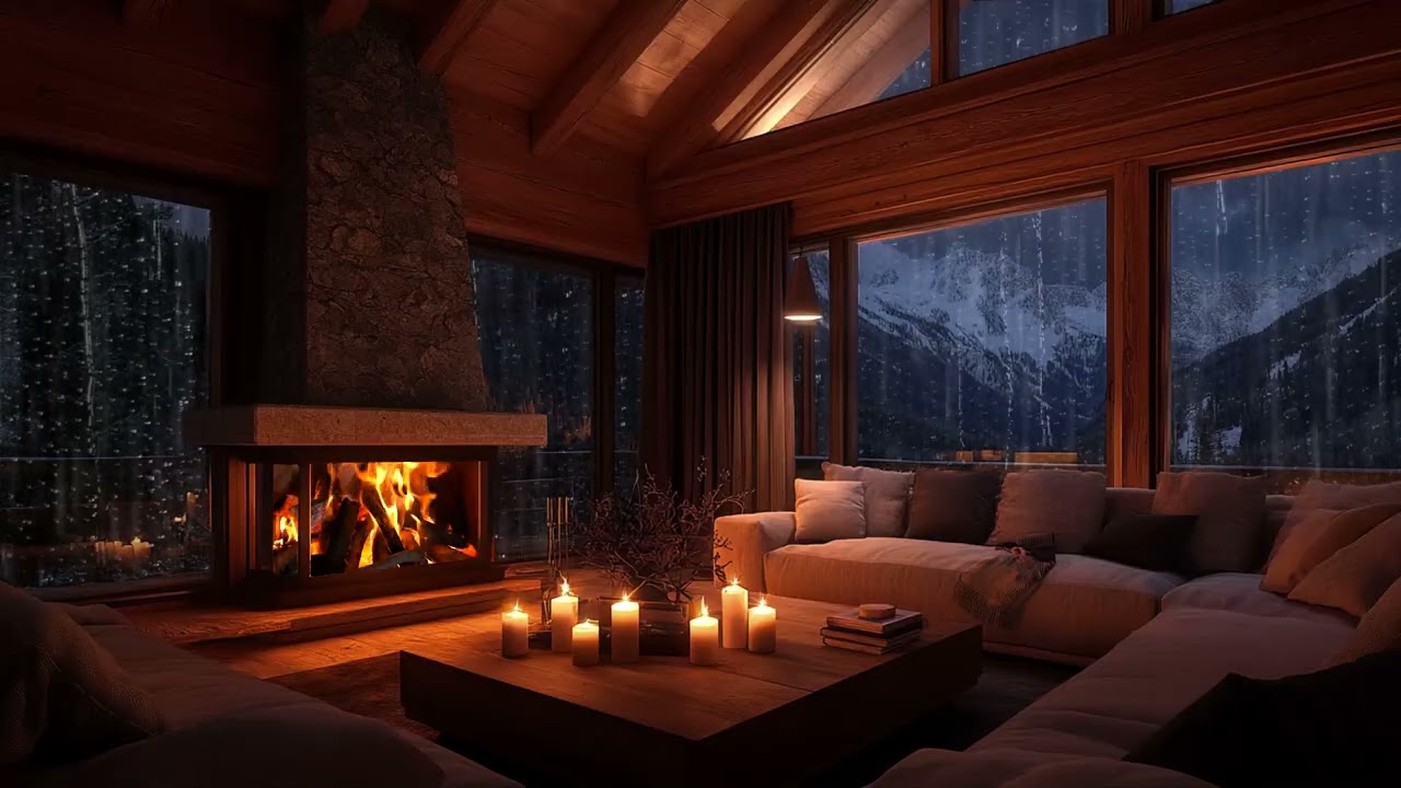Heavy Rain & Crackling Fireplace in a Cozy Wooden Cabin 🌧️ Sounds for Relax Sleep and Study