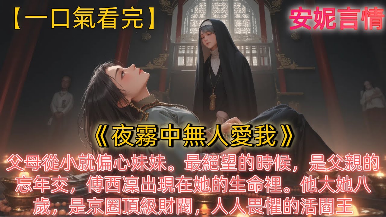 《夜霧中無人愛我》父母從小就偏心妹妹。最絕望的時候，是父親的忘年交，傅西凜出現在她的生命裡。他大她八歲，是京圈頂級財閥，人人畏懼的活閻王，手段狠戾，薄情冷血，卻唯獨將她捧在掌心，寵得無法無天。