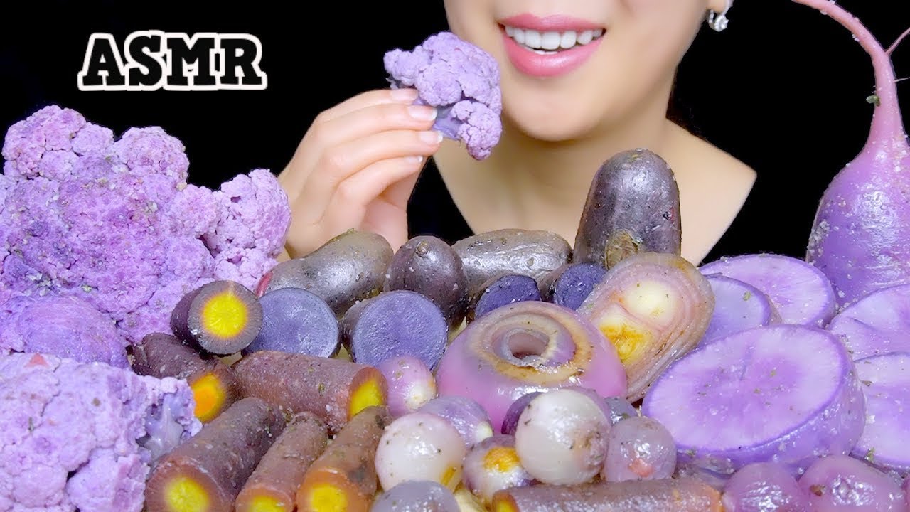 HEALTHY EATING ASMR: PURPLE ROASTED VEGGIES PLATTER (POTATOES, CARROTS, ONIONS) | TracyN ASMR