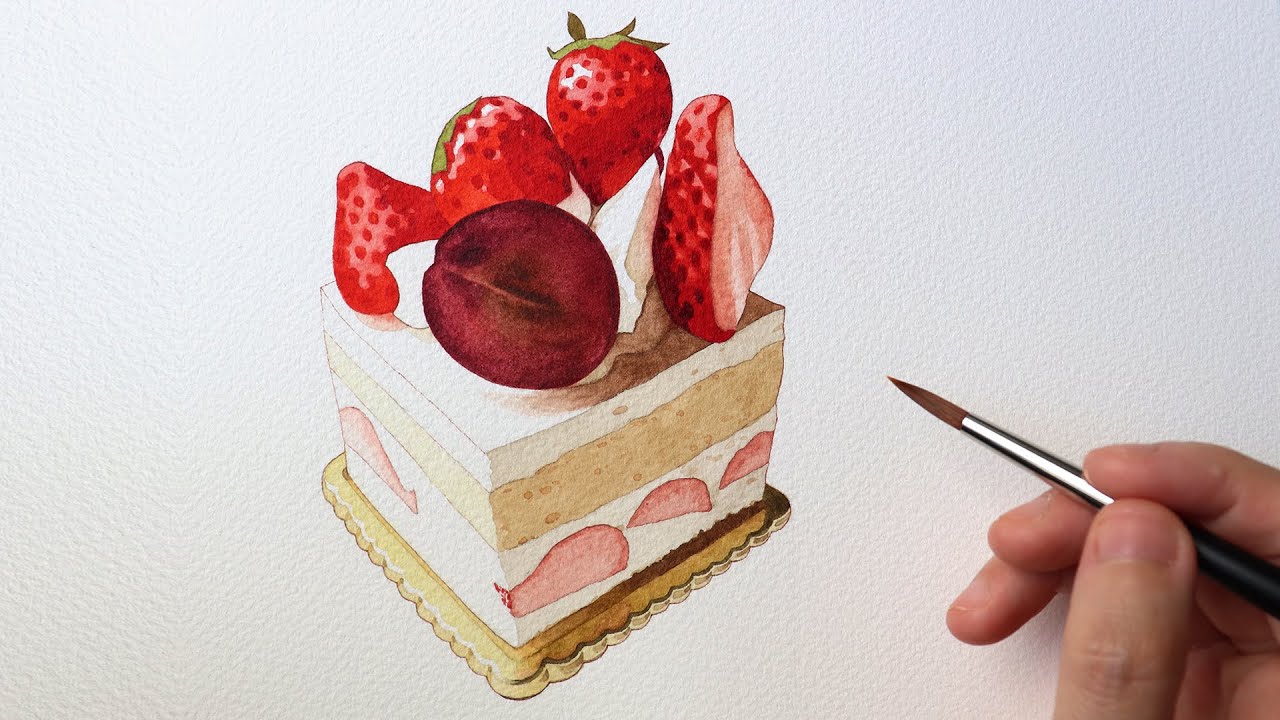 How to paint a Strawberry Sponge Cake in watercolor| Food Illustration Tutorial| dessert.