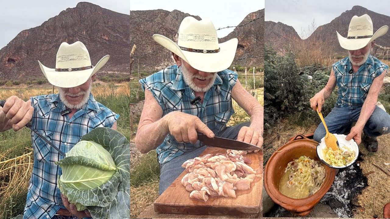 El Pinto prepara repollo con carne de puerco con cebolla, zanahoria y calabacitas recién cosechadas