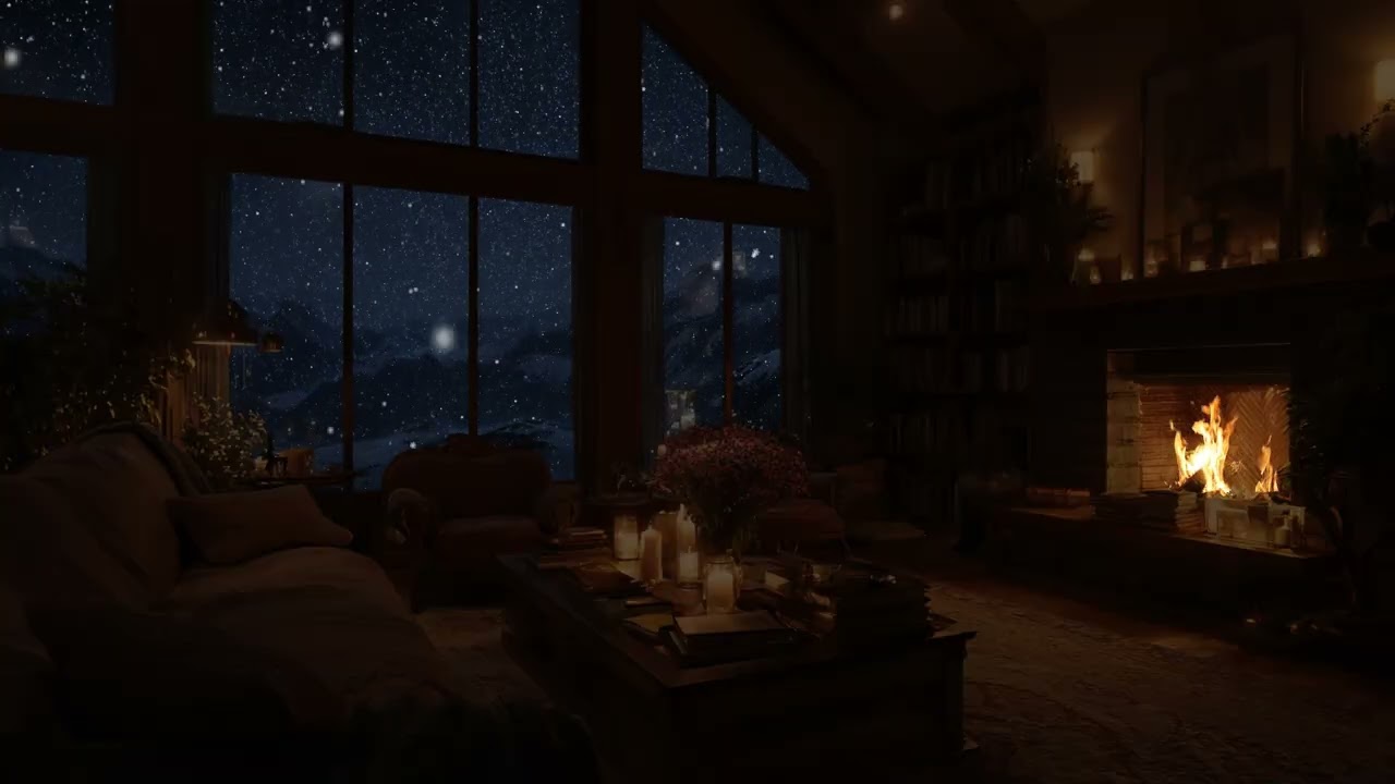 Cold Snow Outside the Window | Warm Firelight and Gentle Piano for Quiet Sleep