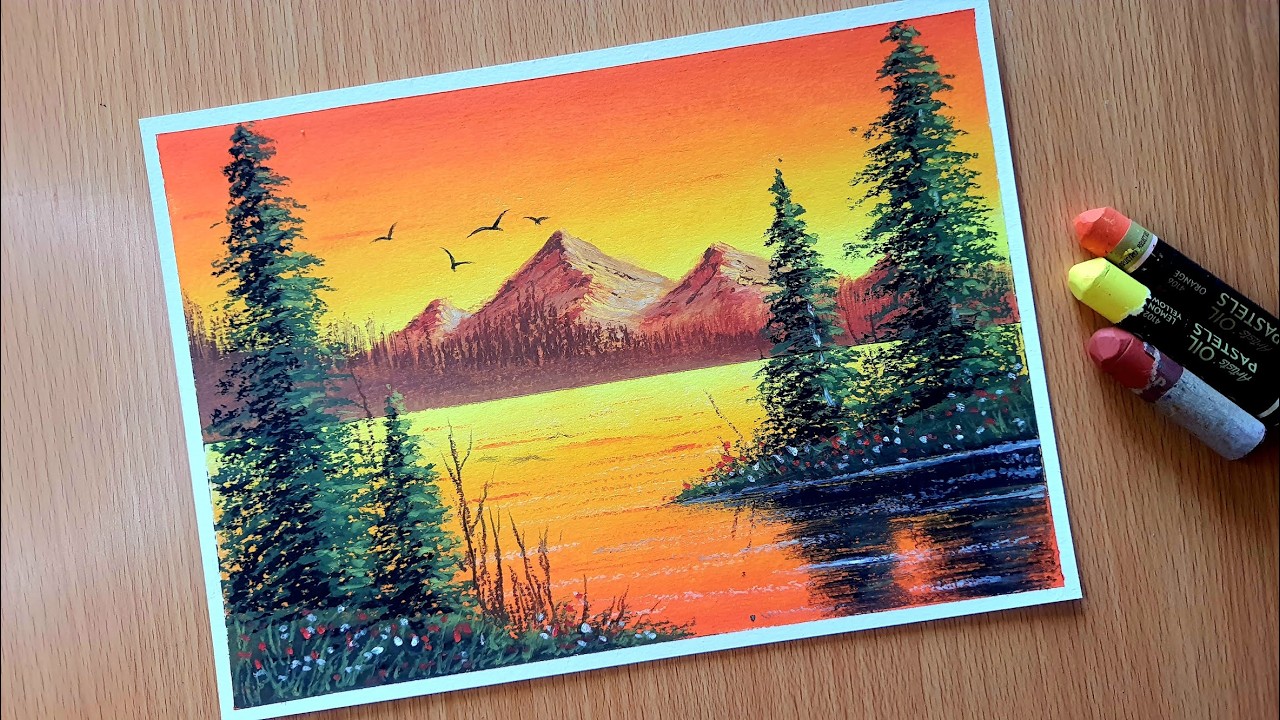 Easy Sunset  Scenery Painting / Oil Pastel Nature Drawing / Step by Step Tutorial