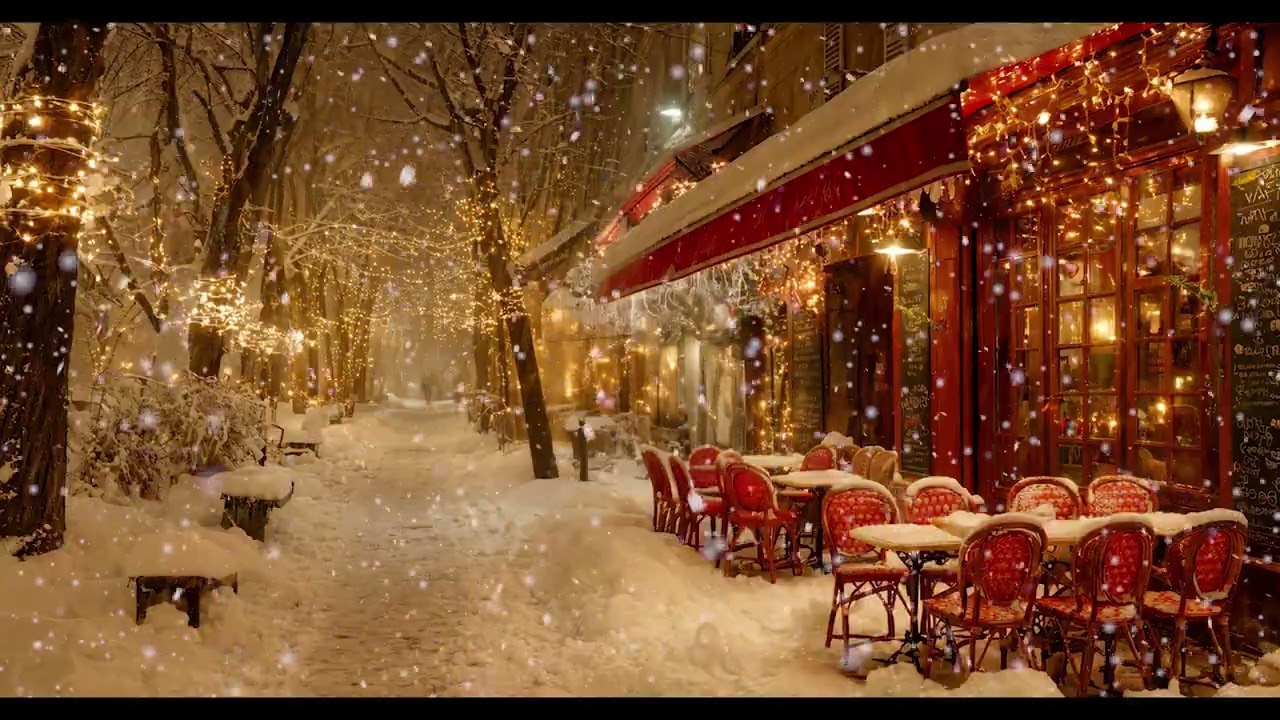 Cozy Paris Café at Night ☕ ❄️Soft Jazz & Falling Snow Relax, Study, Sleep