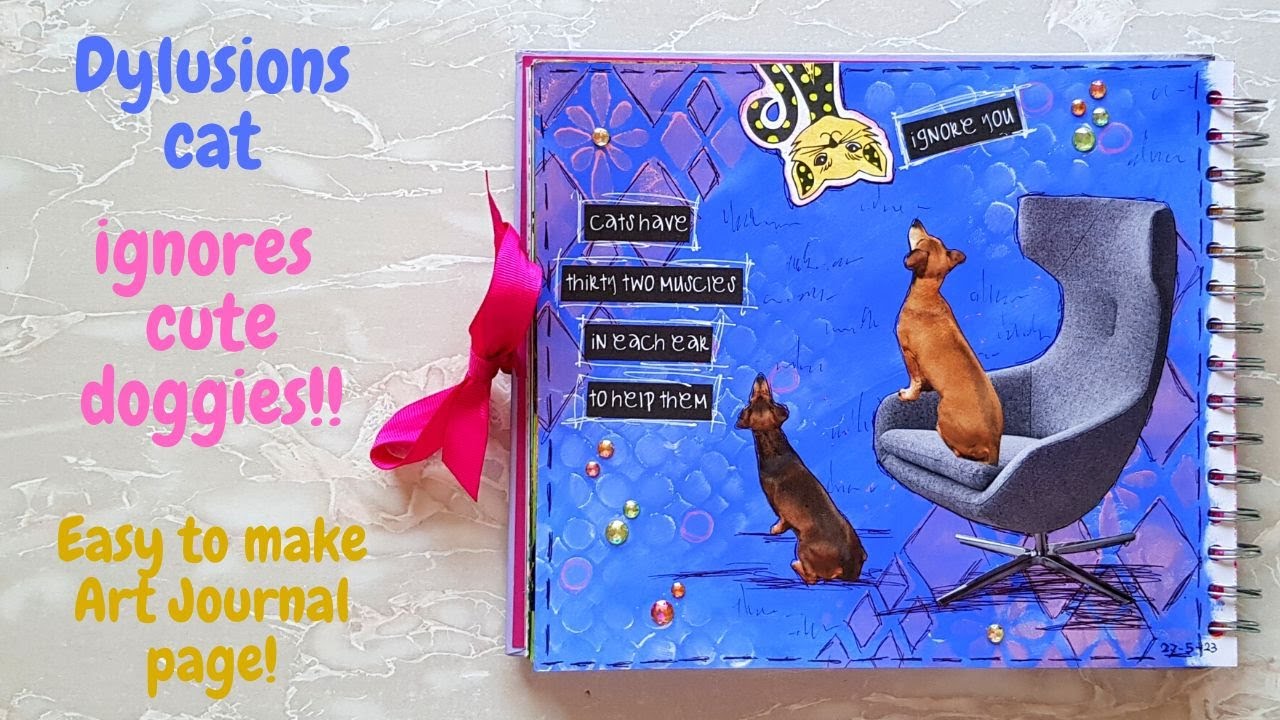 Dylusions Cat ignores cute Doggies!! ( Easy to make art journal page)