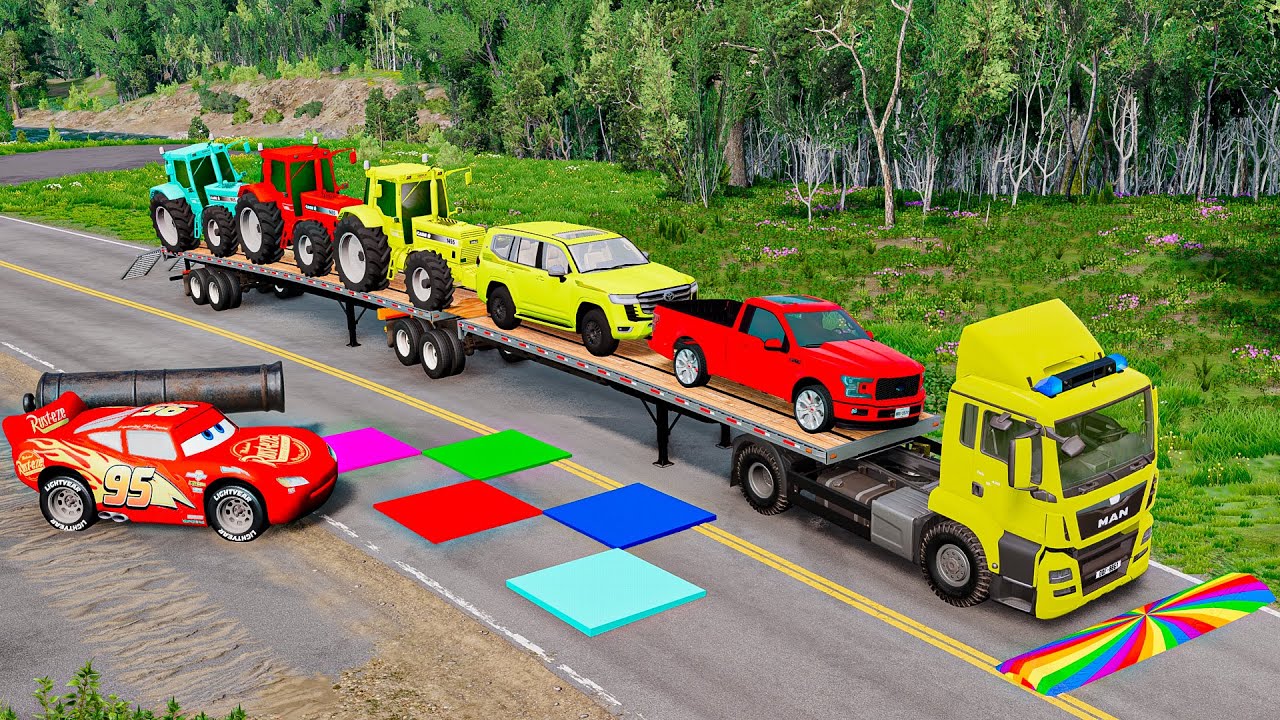 Flatbed Truck McQueen | Transportation with Truck - Pothole vs Car #7 | BeamNG.Drive Gameplay