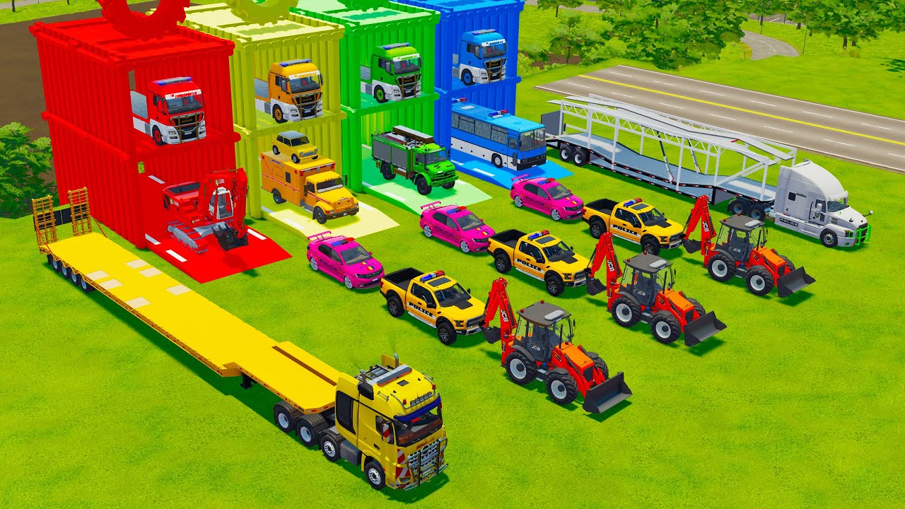 TRANSPORTING EMERGENCY AND POLICE VEHICLES, BACKHOE LOADER, EXCAVATOR, BUS  TO GARAGE - FS22