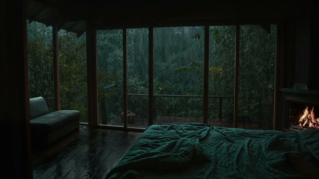 Tropical Rainforest Night | Cozy Bedroom with Fireplace, Soft Rain & Deep Nature Soundscape