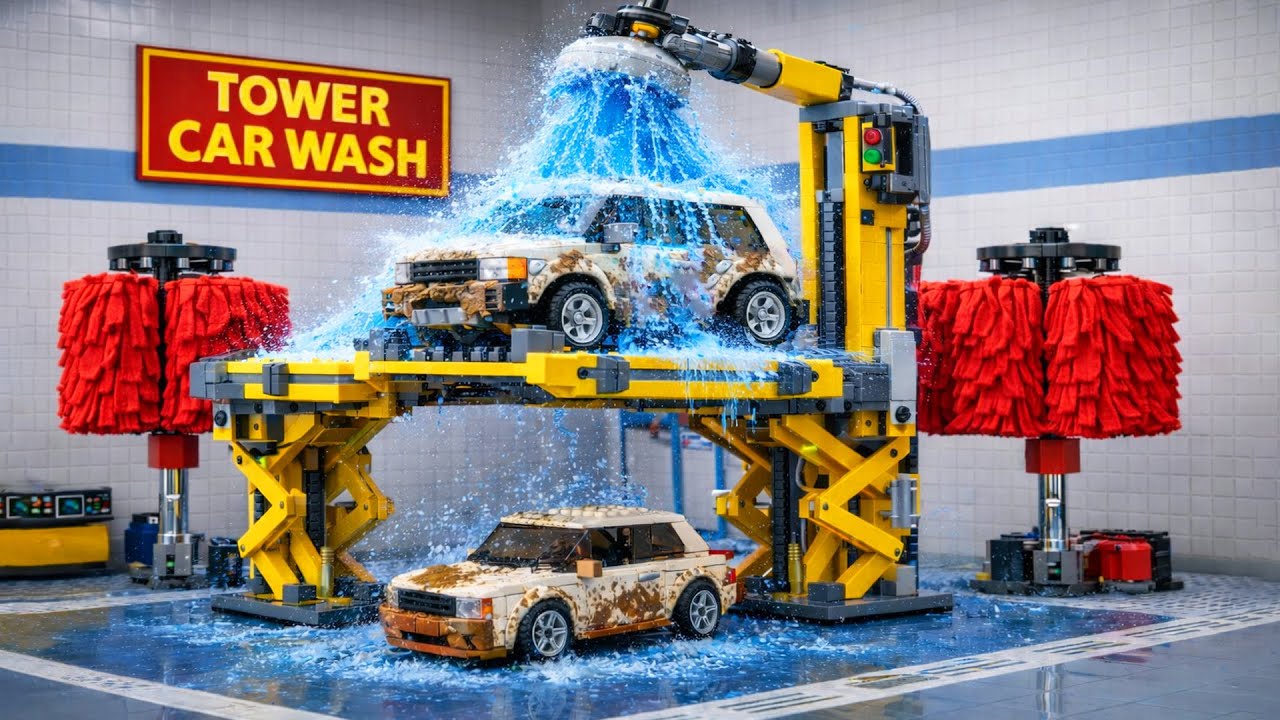 Машинки LEGO застряли внутри огромной автомойки!