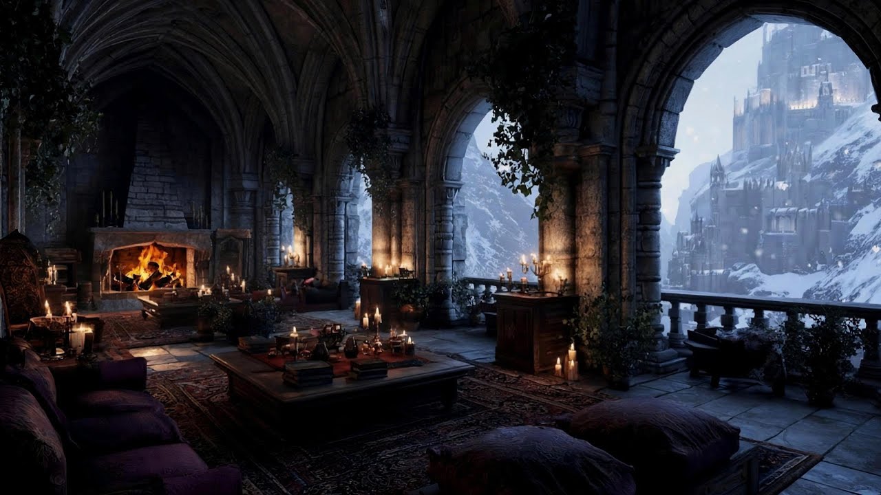 Under the Silent Stone Arches | Quiet Fire, Soft Snow & Distant Cold (3 Hours)