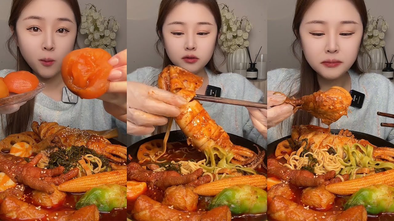 Mukbang Makanan Kuah Pedas Merah Seafood Cumi Jumbo Paha Ayam Mie Yummy Viral