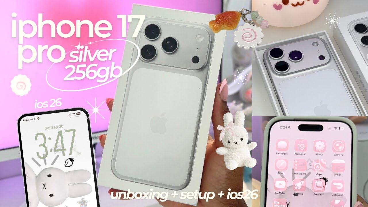 iphone 17 pro unboxing 🍥🧸 setup, trying ios 26, aesthetic accessories 