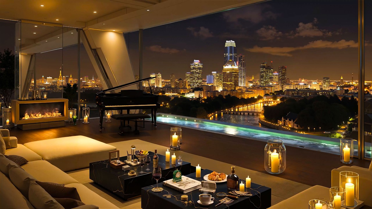 4K Luxury Apartment with Soothing Piano Jazz Music 🌃 Tranquil River Night Serenity for Unwind